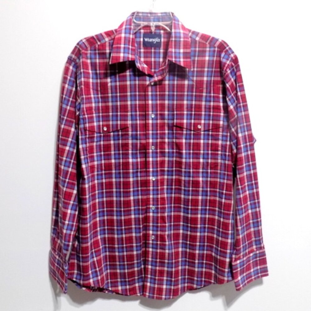 Wrangler Men's Red, White & Blue Plaid Pearl Snap Long Sleeve Shirt – Size: L